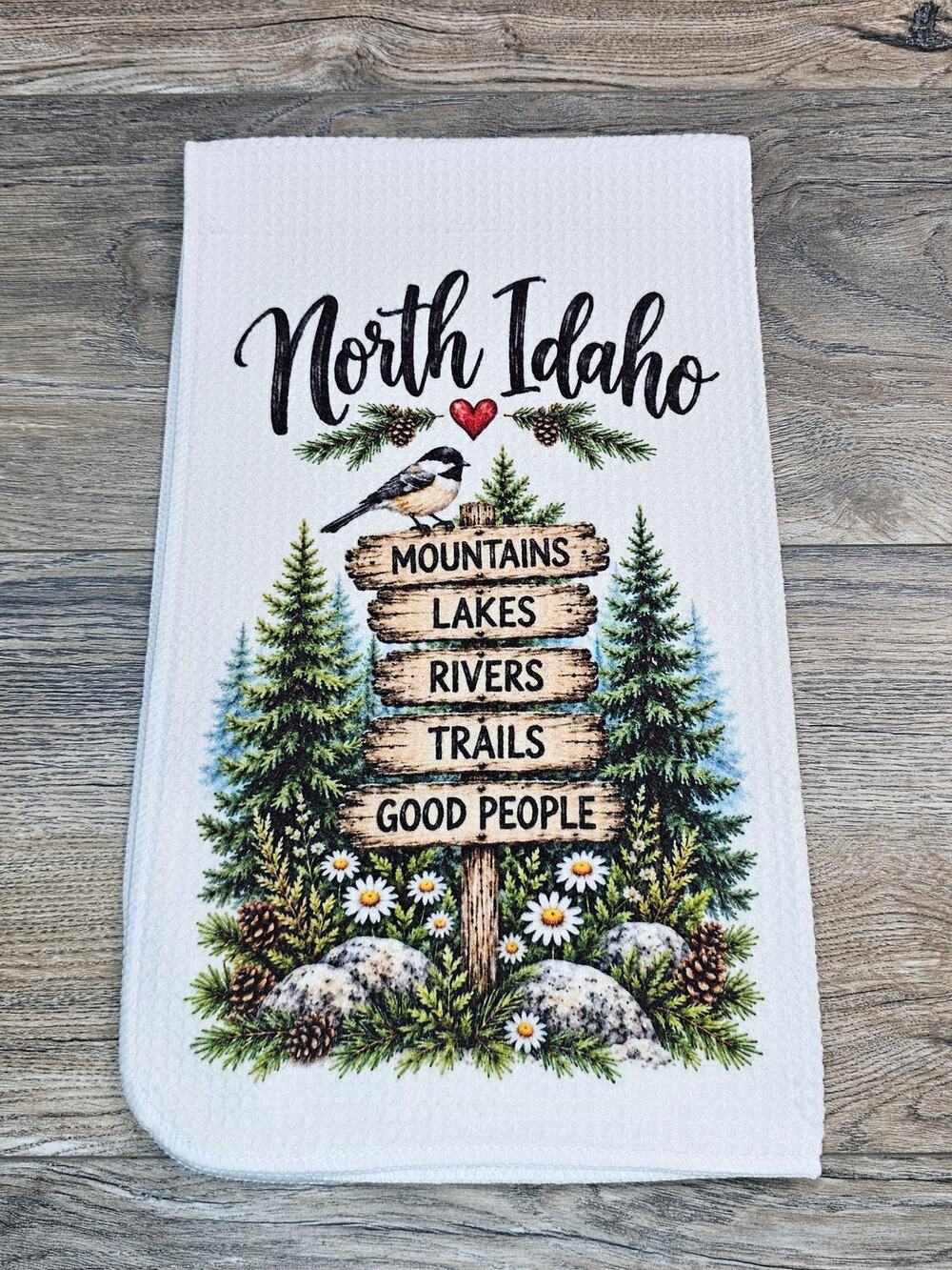 North Idaho Mountains Lakes Rivers Trails Kitchen Towel Rustic Cabin Decor